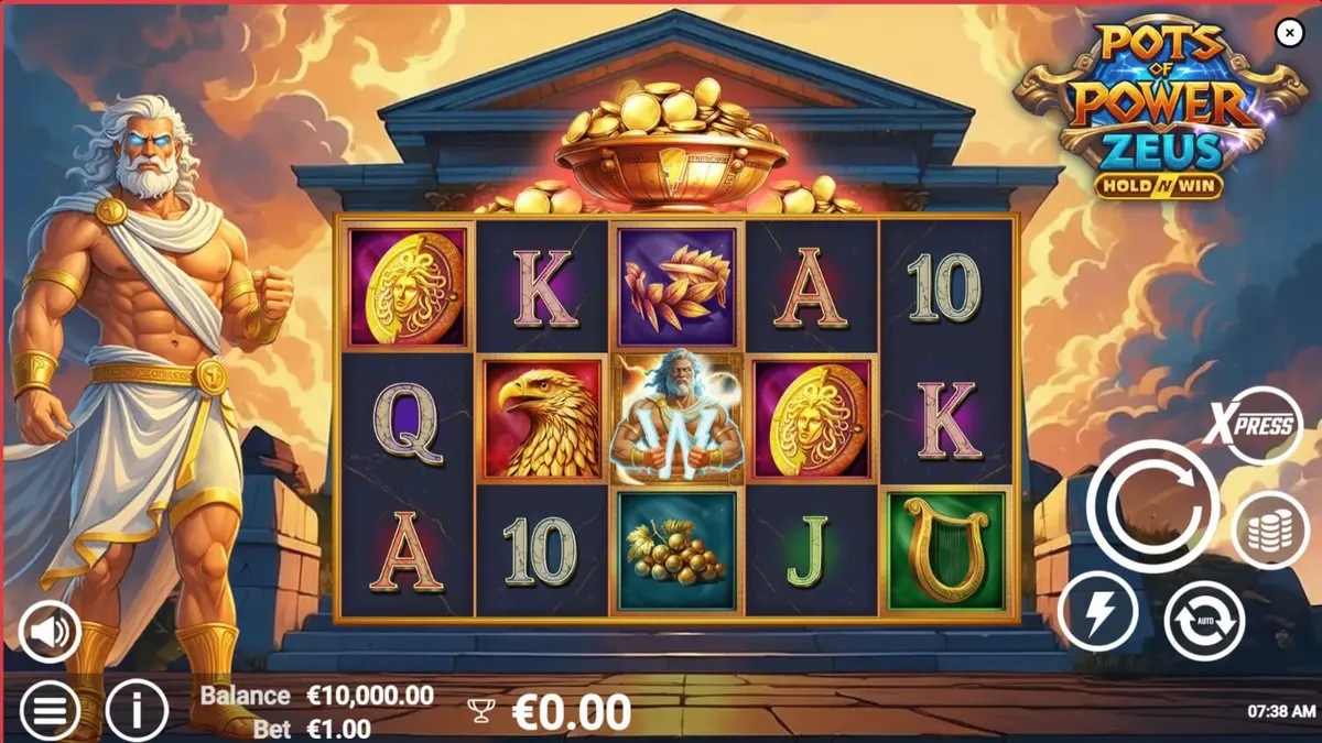 Isang masining na paglalarawan ng Pots of Power: Zeus na slot na may temang mitolohiyang Griyego.