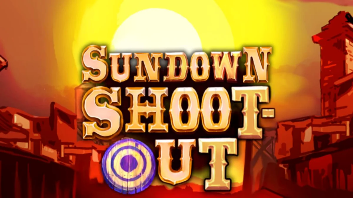 Sundown Shootout slot game screen na may Wild West theme at mga revolver symbols.
