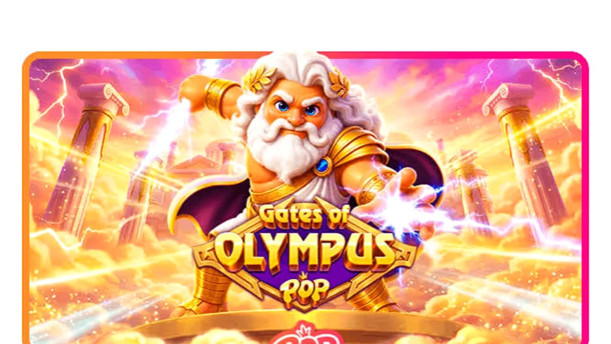 Gates of Olympus POP slot gameplay interface na nagpapakita ng mga simbolo ng hiyas at ang iconic na Zeus.