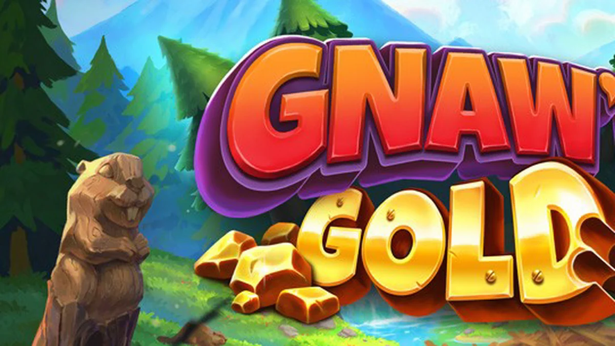 Isang masayang beaver na naghahanap ng ginto sa isang kagubatan sa Gnaw’n Gold slot.