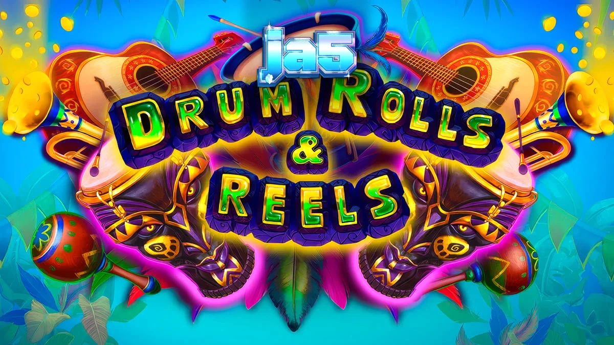 Makulay na disenyo ng Drum Rolls & Reels slot na may temang Brazilian carnival
